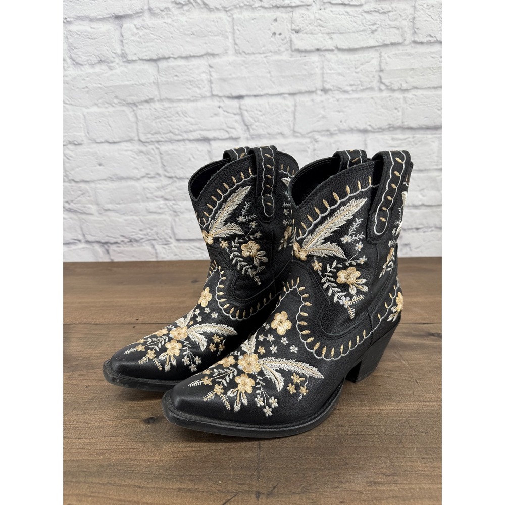 Dingo Primrose Women's 7 Black Leather Floral Embroidered Western Booties - Picture 2 of 13